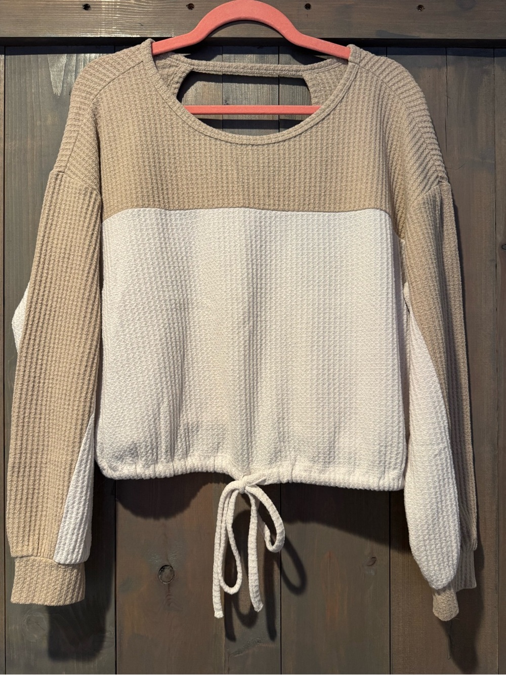 Hollister Two-Tone Waffle Drawstring Crew Sweater in Cream & Tan